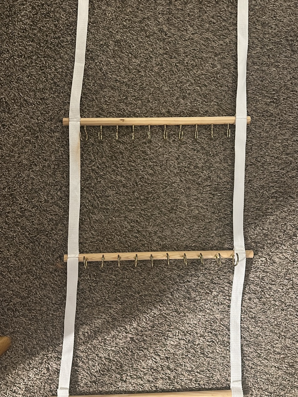 Wood and White Strap Hanging Organizer with Gold Hooks - bow Storage